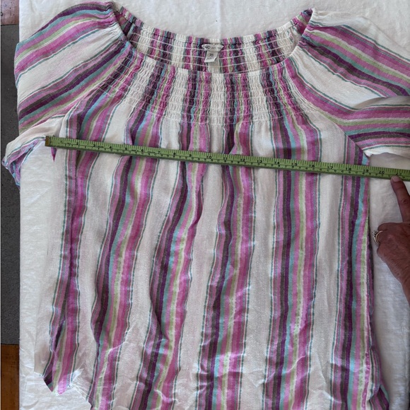 Cato Women’s Linen Blend 3/4 Ruffle Sleeve Striped Shirred Metallic Blouse  XS - Picture 9 of 10
